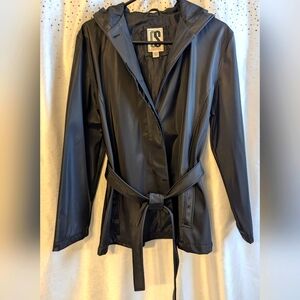Raincoat Hooded Belted and Buttoned Black Trench Coat Size Medium
